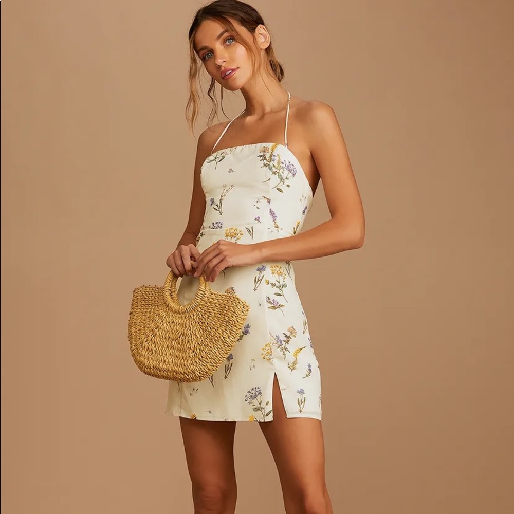 Lulus Floral Cream Halter Lace Up Dress SzM
